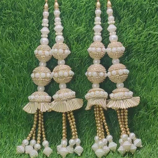 White with Light Golden Beaded Blouse Lahenga Latkan Tassels, home décor, hanging for Handbags, Indian Sewing Latkan for Saree, Dupatta