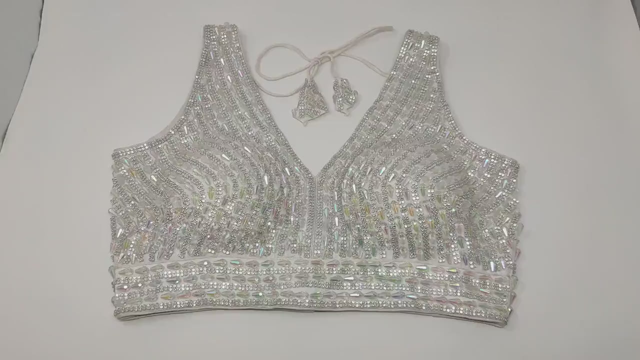 Indian designer heavy Beaded stitched blouse, Silver colour, Readymade Indian Bridal Saree Blouse, latest design blouse for women