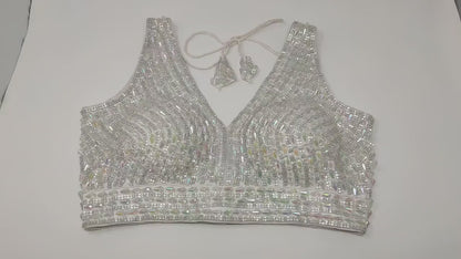 Indian designer heavy Beaded stitched blouse, Silver colour, Readymade Indian Bridal Saree Blouse, latest design blouse for women