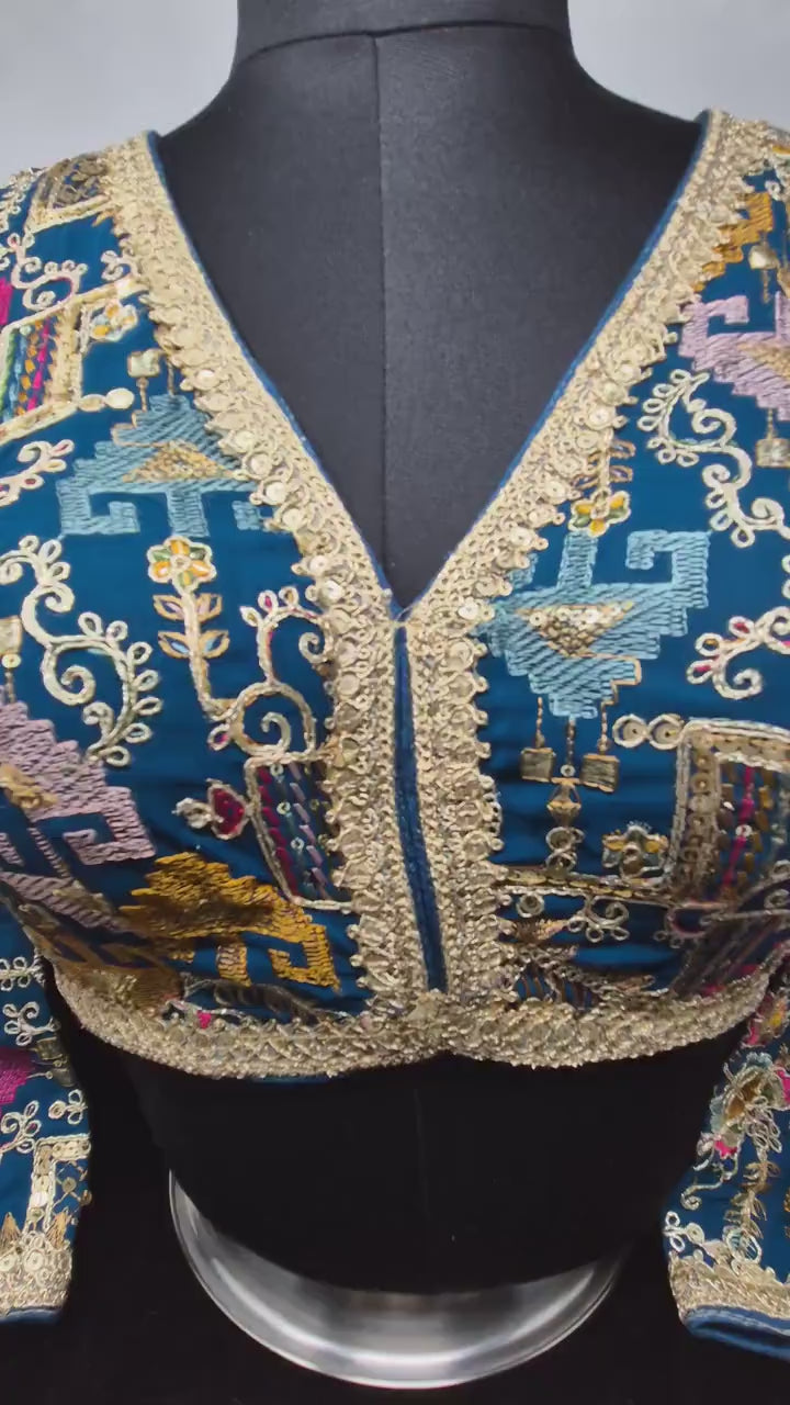 Indian designer Turq Blue color Sequin Embroidered stitched blouse, Readymade Indian Bridal Saree Blouse, latest design blouse for women