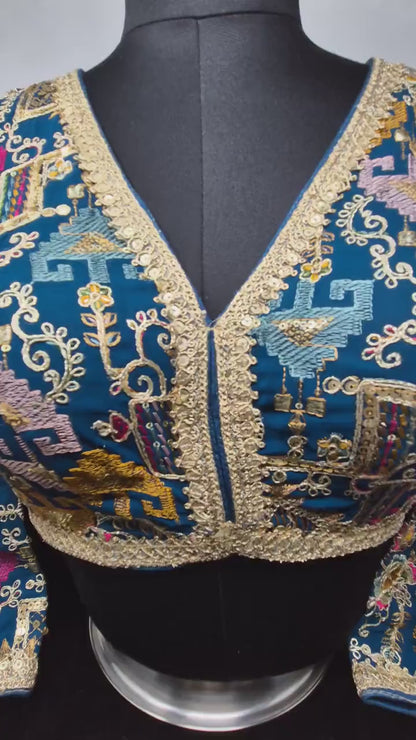 Indian designer Turq Blue color Sequin Embroidered stitched blouse, Readymade Indian Bridal Saree Blouse, latest design blouse for women
