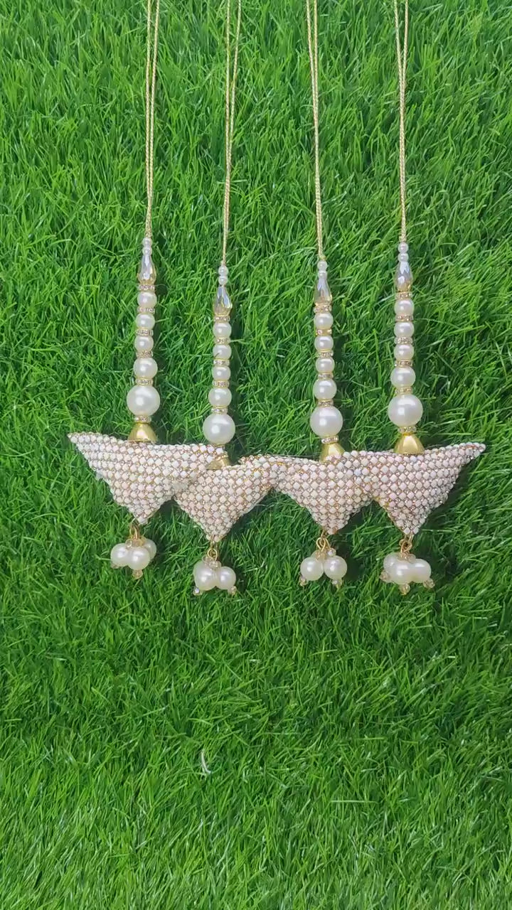 White Indian Beaded Cushioned Tassel for Saree Blouse Lehenga Embellished HandBags Dupatta Decorative dress Latkan for Women 1 Pair