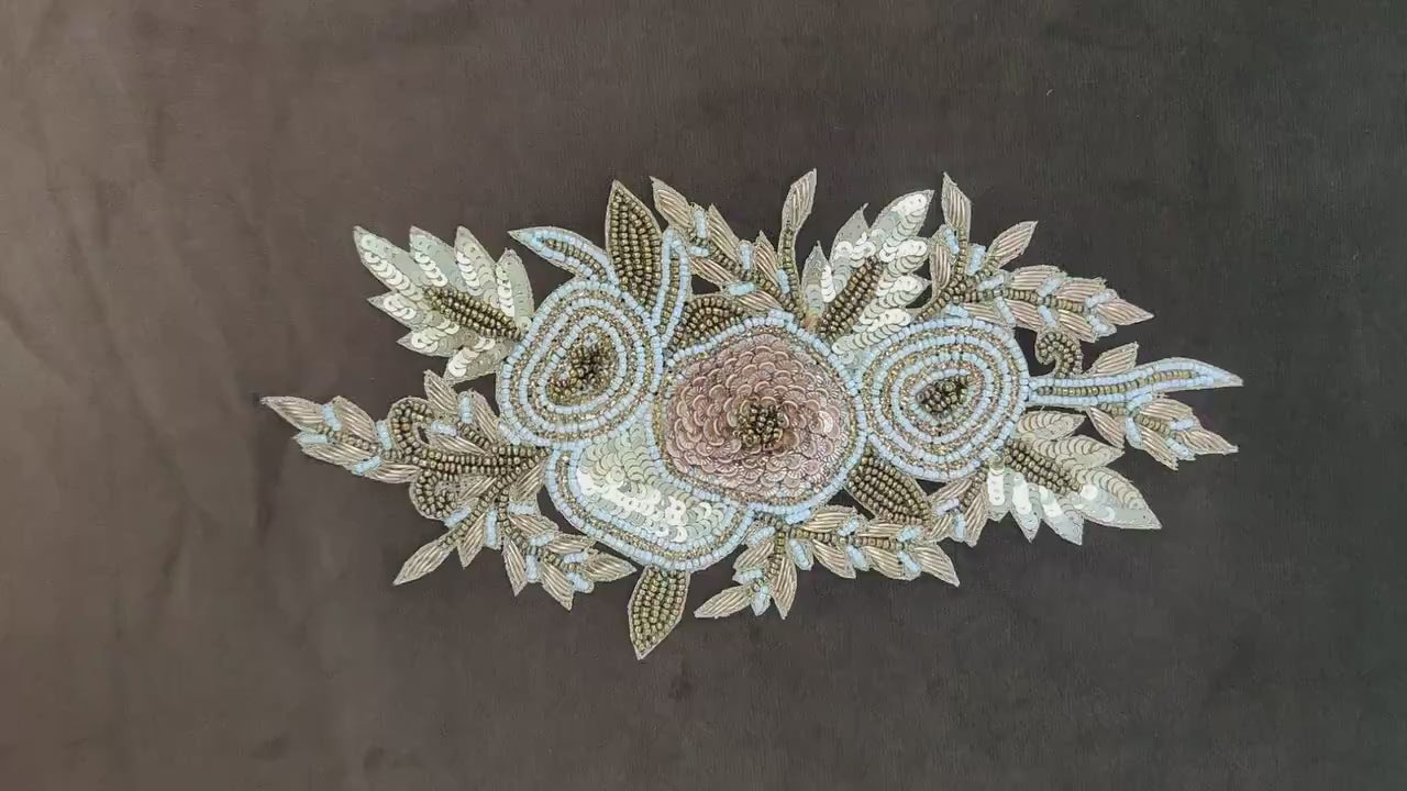 Handmade Indian Beaded Antique Gold Shoulder Applique Patch - Sewing Embellishment for Dresses, Cushions, Crafting, and Bags, 1 Piece
