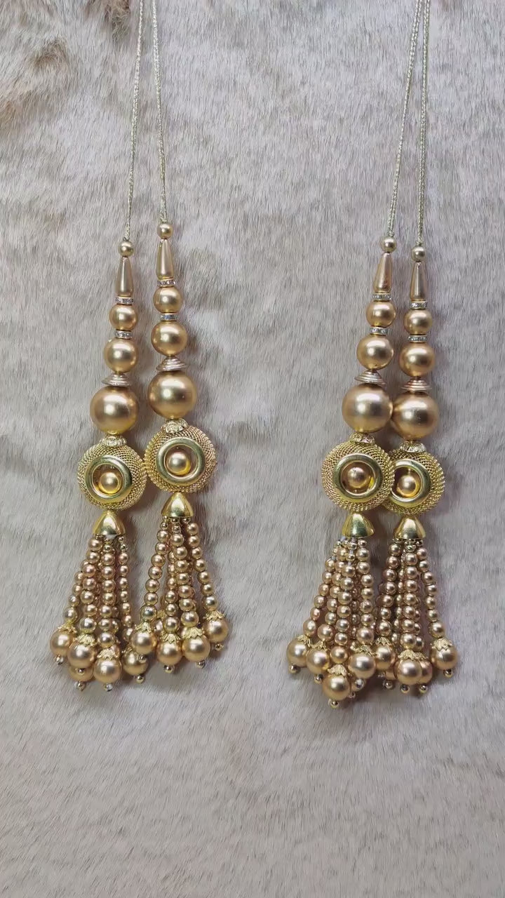 Indian Handmade Golden Beaded Lehanga Latkan Tassels for Saree Blouse HandBags Hangings Dupatta Bridal Wedding dress for Women pair of 2 pcs