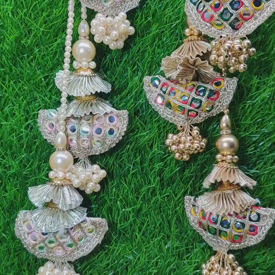35 cm 2 pc Cushioned beaded Lahenga Tassels, home décor, lamp shades tassels, Hanging for Handbags, Indian Saree, Dupatta, Blouse latkan