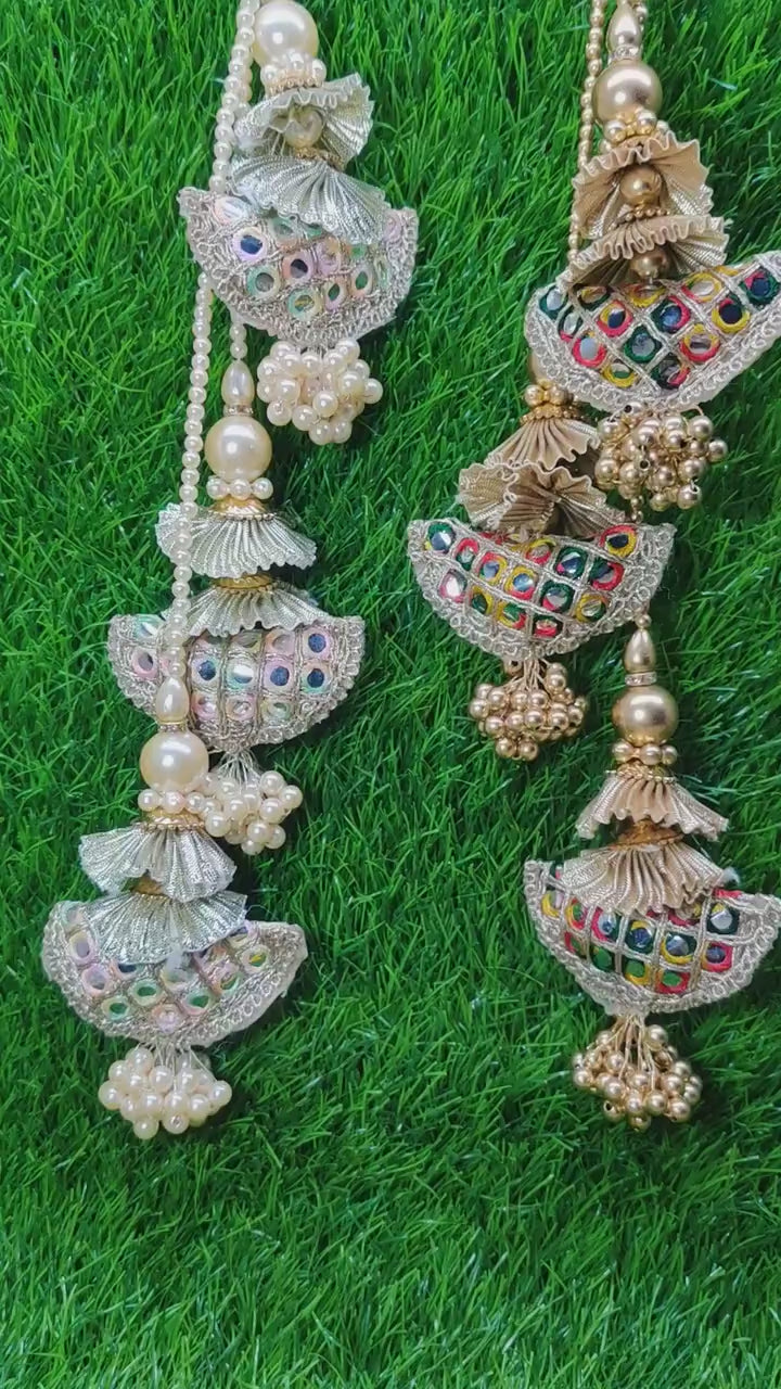 35 cm 2 pc Cushioned beaded Lahenga Tassels, home décor, lamp shades tassels, Hanging for Handbags, Indian Saree, Dupatta, Blouse latkan