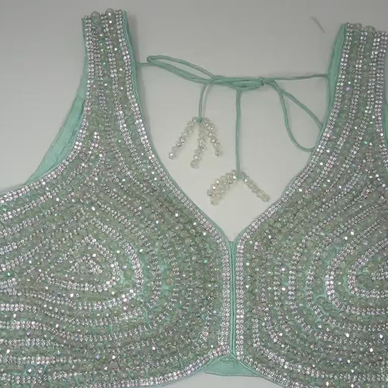 Designer Blouse, Cyan Green color, Crystal Beaded, Ready to wear, Best seller,Indian Bridal Saree Blouse, Christmas, latest design for women