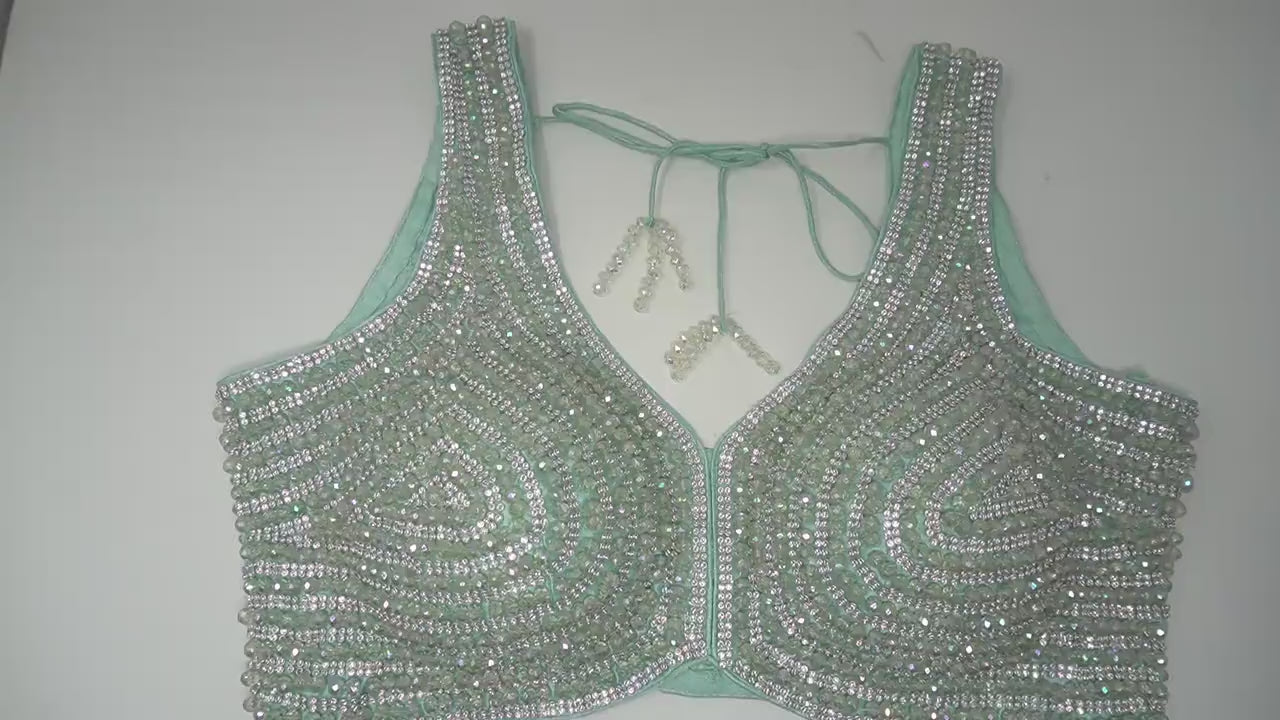 Designer Blouse, Cyan Green color, Crystal Beaded, Ready to wear, Best seller,Indian Bridal Saree Blouse, Christmas, latest design for women