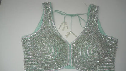 Designer Blouse, Cyan Green color, Crystal Beaded, Ready to wear, Best seller,Indian Bridal Saree Blouse, Christmas, latest design for women