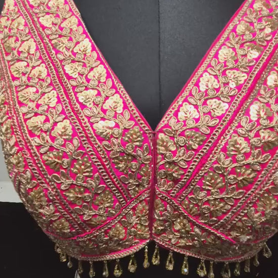 Indian designer Hot Pink color Sequin zari Embroidered stitched blouse, Readymade Indian Bridal Saree Blouse, latest design blouse for women