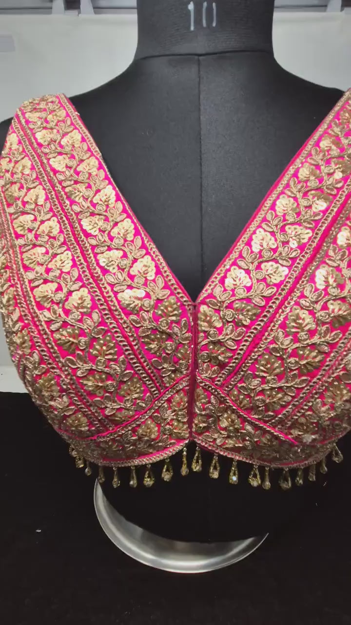 Indian designer Hot Pink color Sequin zari Embroidered stitched blouse, Readymade Indian Bridal Saree Blouse, latest design blouse for women