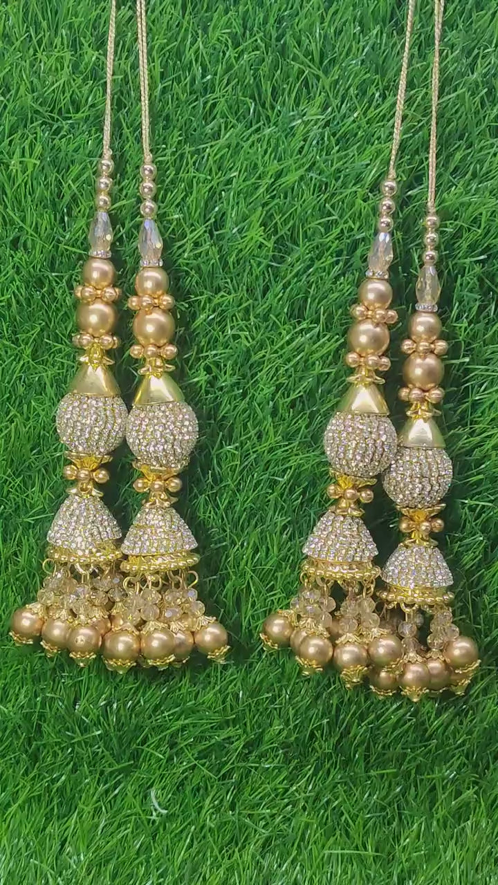 Gold Indian Beaded Tassel for Saree Blouse Lehenga Embellished HandBags Dupatta Decorative dress Latkan for Women 1 Pair