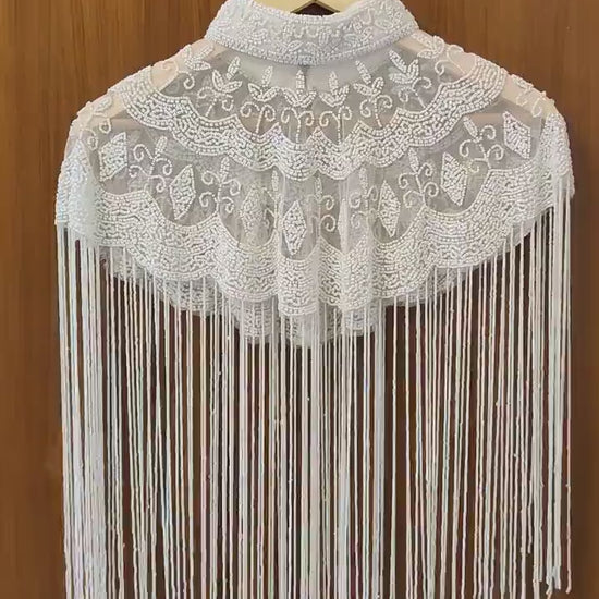 White Sequin Lace Bridal Shrug Bolero Glass Beaded Shoulder Wrap Shawl for Weddings and Evening Wear for Brides