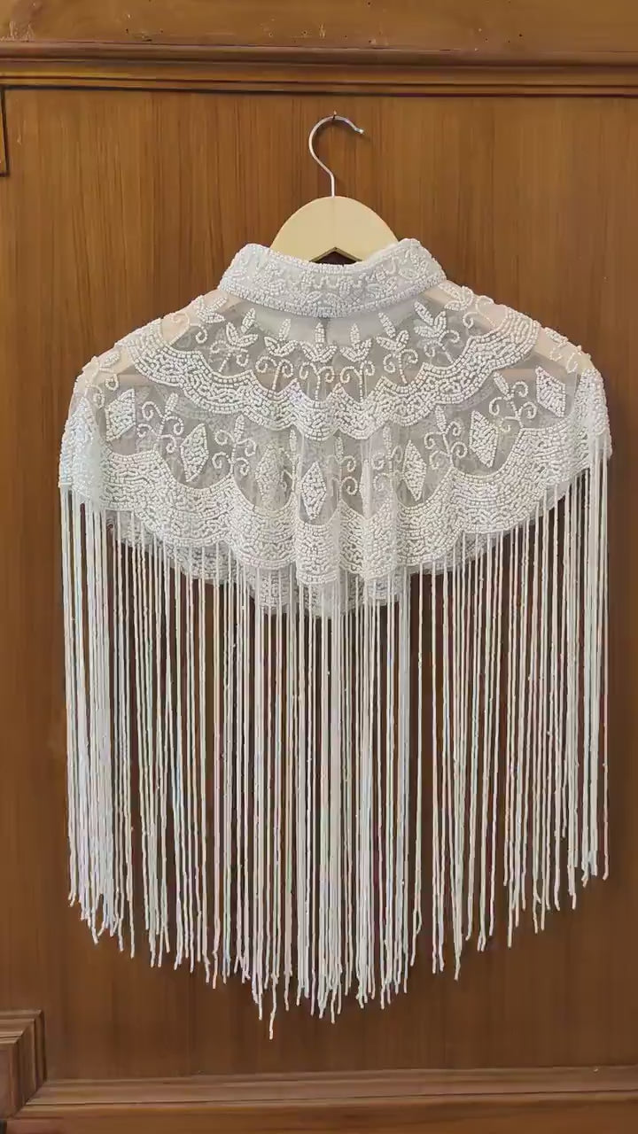 White Sequin Lace Bridal Shrug Bolero Glass Beaded Shoulder Wrap Shawl for Weddings and Evening Wear for Brides