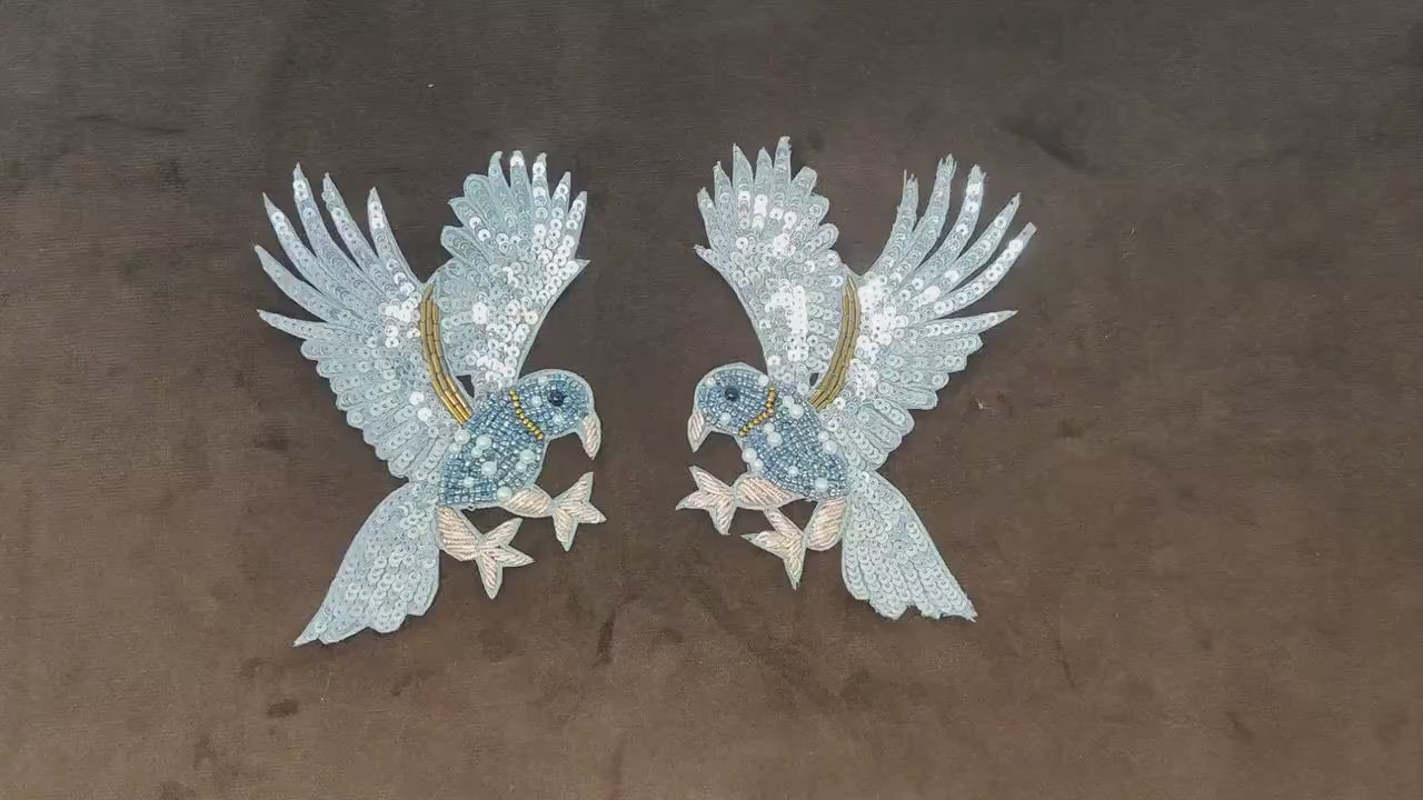 Handmade Indian Beaded White Bird Shoulder Applique Patch - Sewing Embellishment for Dresses, Cushions, Crafting, and Bags, 1 Piece